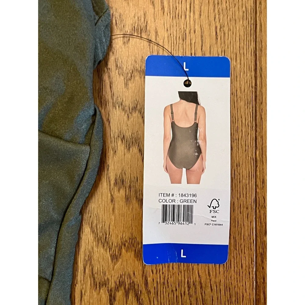DKNY Green Metallic Twist Front One Piece Swimsuit Ruched Keyhole DIZMS518 L - Picture 6 of 11